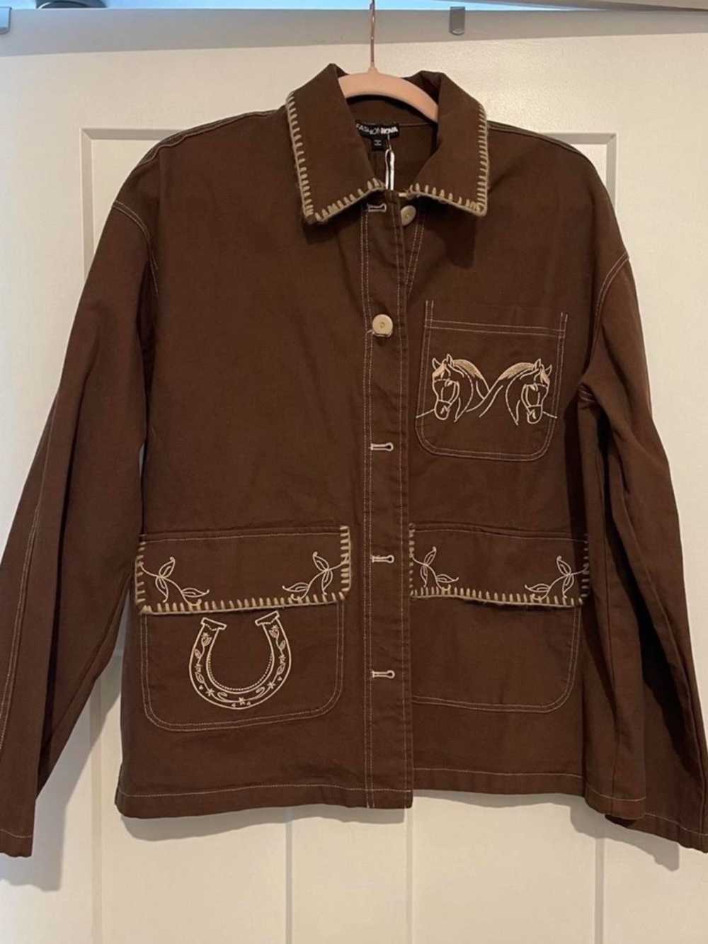 Fashion Nova Brown Button-Down Shirt Jacket with White Embroidery